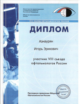 Диплом участника VIII съезда офтальмологов России